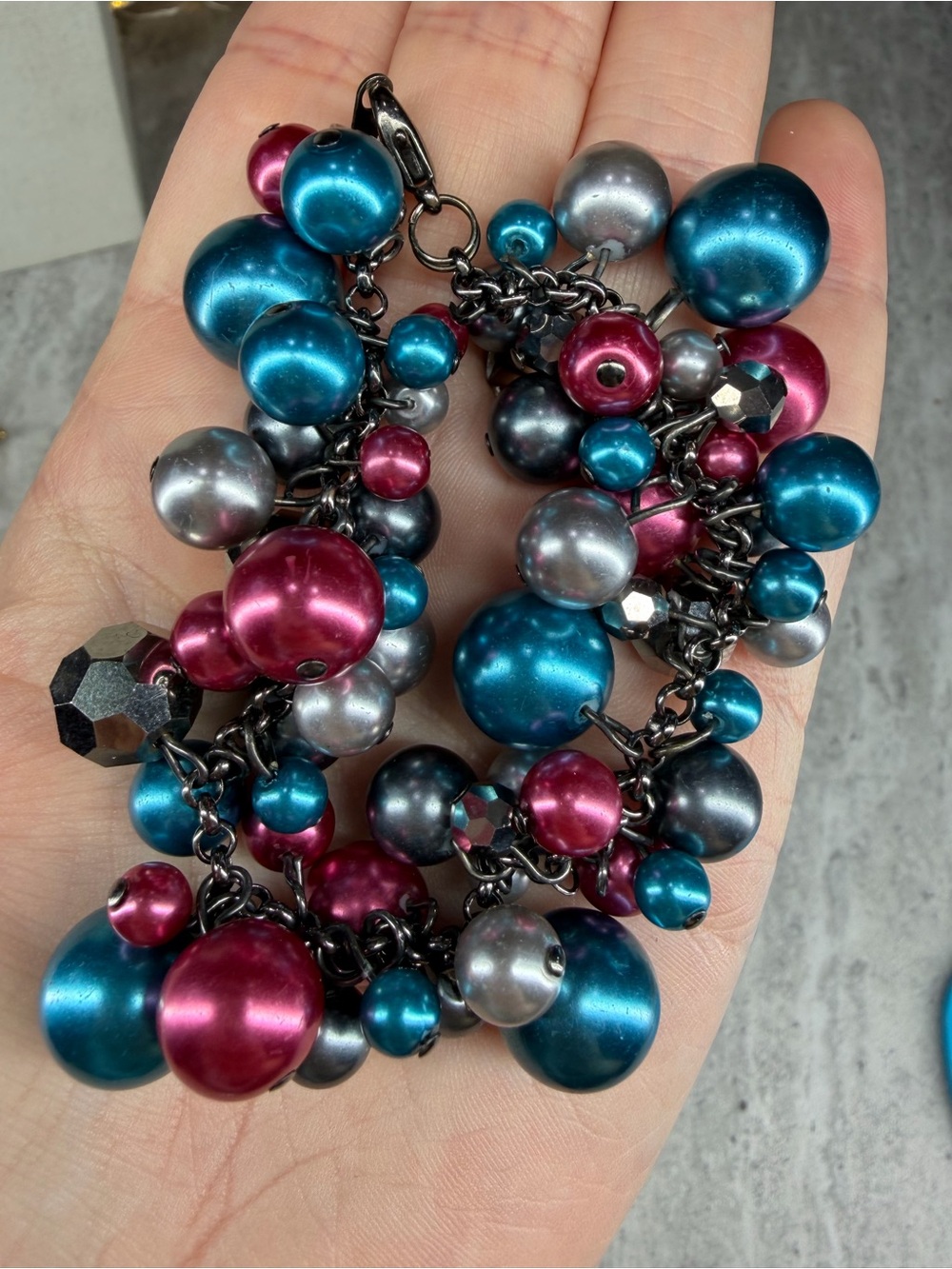 Glass Pearl Crystal Cha Cha Bracelet Pink Gray Teal Size 7 Jewelry - Picture 3 of 3